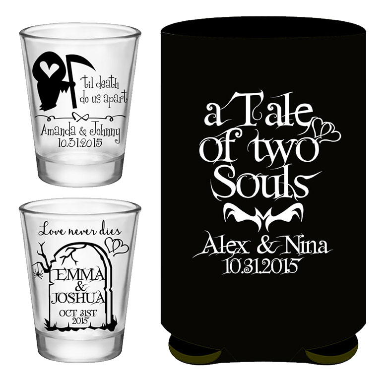 Halloween Wedding Ideas Shot Glasses Can Coolers