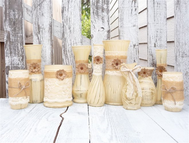 Burlap and Lace Vases Decoration Fall Wedding Idea